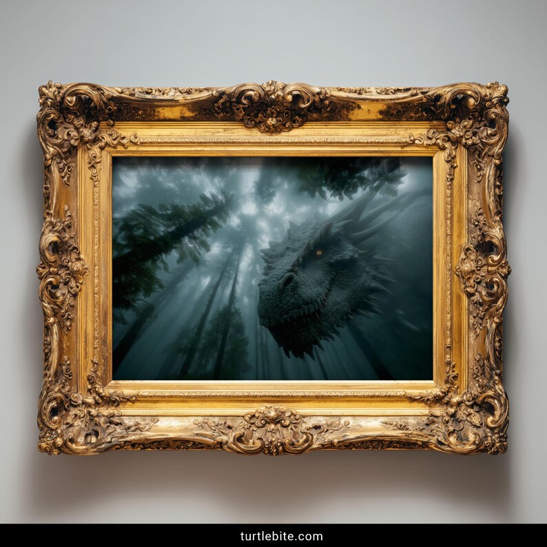Close-up mythical dragon creature in eerie forest mist dark home decor print