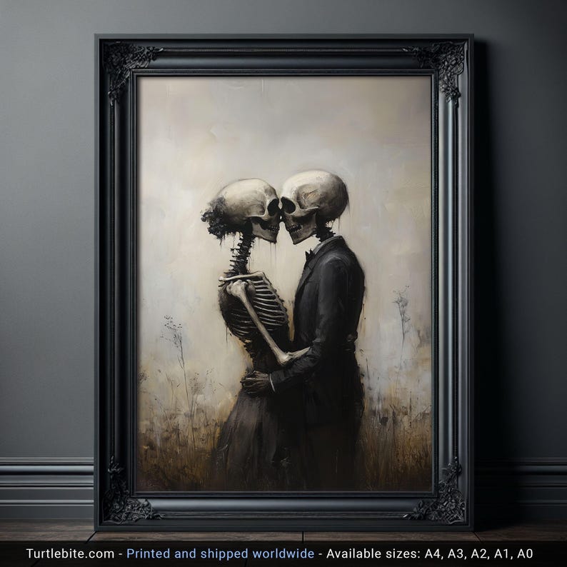 May include: A framed wall art print featuring two skeletons in an embrace, one wearing a dark suit jacket. The figures are set against a muted, hazy background with faint, tall grass silhouettes. The ornate black frame surrounds the artwork.