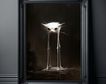 Spooky Slender Kitty Grumpy Cat Lover poster, donkere surrealistische muurkunst, griezelige print voor horrorcadeaus, groot schilderij voor woonkamer