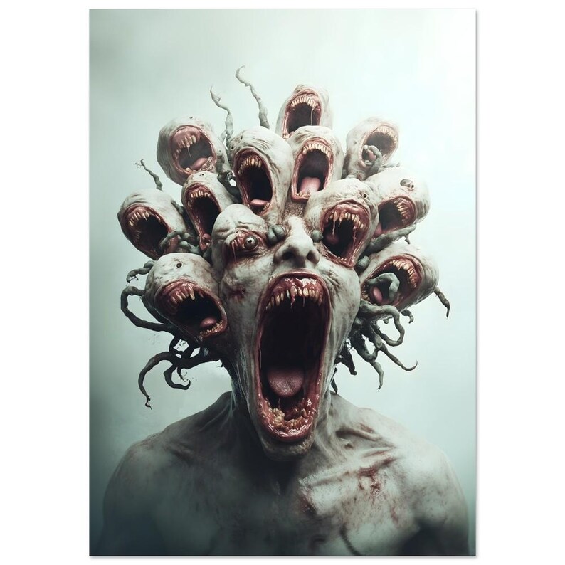 Fierce Multi-Headed Monster Horror Poster Print - Creepy Dark Art Poster - Fantasy Witchy Gift - Extra Large Surreal Gory Wall Art A0 (84.1x118.9cm / 33x47")