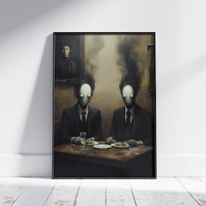 Lámina de arte mural surrealista, decoración de pared de terror gótico, póster de dreamcore oscuro, escena de cena inquietante, figuras de cabezas de humo misteriosas