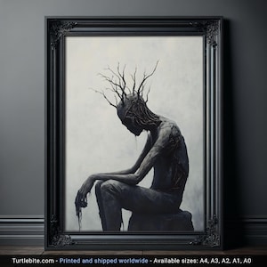 Creepy Poster Painting of Sitting Tree Man, Dark Moody Print, Large Gothic Painting for Frame, Dark Academia, Horror Artwork