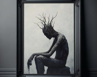Creepy Poster Painting of Sitting Tree Man, Dark Moody Print, Large Gothic Painting for Frame, Dark Academia, Horror Artwork