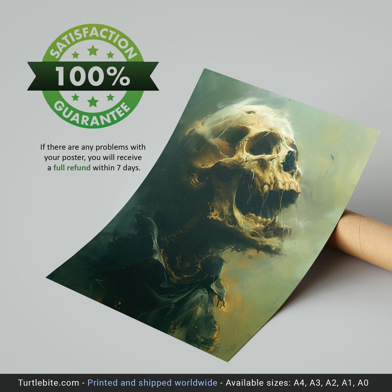 Op de afbeelding: Een digitale kunstprint met een gedetailleerde illustratie van een schedel met een gapende mond, tegen een donkergroene en gele achtergrond. De schedel lijkt uit een wervelende rookwolk te komen.