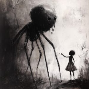Little Girl Helping Baby Spider Monster Poster, Dark Fine Art Drawing, Creepy Cute Poster Print, Scary Pictures, Horror Artwork image 2