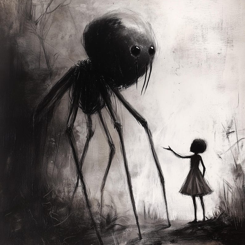 Little Girl Helping Baby Spider Monster Poster, Dark Fine Art Drawing, Creepy Cute Poster Print, Scary Pictures, Horror Artwork image 2