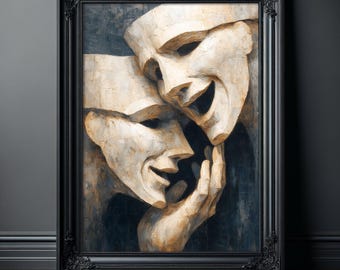 Drama Masks Wall Art Print – Comedy and Tragedy Oil Painting Poster, Dark Gothic Theater Decor
