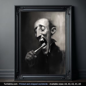 Graf Draculas Dental Care Poster Print, Dark Academic Painting Wall Art, Victorian Dark Humor, Moody Gothic Painting Print for Bathroom