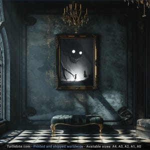 May include: A framed artwork depicting a dark, surreal scene with a large, shadowy creature and two small figures. The artwork is in a gold frame, hanging on a dark, textured wall. The room has a checkered floor and a tufted ottoman. The text "Turtlebite.com" is at the bottom.