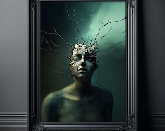 Surreal Art Poster, Cracked Mind Dark Art Print, Psychological Horror Wall Art, Moody Gothic Decor