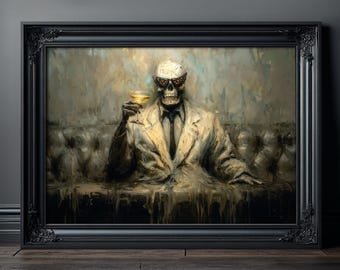Impressão artística "Memento Mori: Esqueleto Derretendo em Vinho", Decoração de Parede Surrealista e Gótica, Pôster Macabro de Humor Negro, Presente de Arte Bizarro sobre a Morte