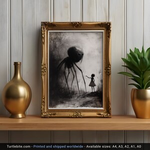 Little Girl Helping Baby Spider Monster Poster, Dark Fine Art Drawing, Creepy Cute Poster Print, Scary Pictures, Horror Artwork image 8