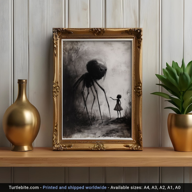 Little Girl Helping Baby Spider Monster Poster, Dark Fine Art Drawing, Creepy Cute Poster Print, Scary Pictures, Horror Artwork image 8