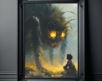 Poster Wall Art featuring a Boy and a Huge Spider in a Creepy Dark Scene Painting, Dark Art Print, Art Prints Spooky For Kids