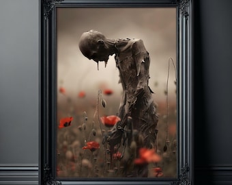 Creepy Poster Print of Melancholic Man in Field of Flowers, Spooky Wall Art, Scary Pictures, Halloween Print, Alternative Home Decor
