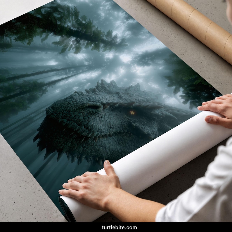 Dramatic dragon portrait in foggy forest landscape dark fantasy wall poster