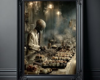 Plakat z Dark Sushi Chef, grafika Cthulhu, lovecraftowska sztuka ścienna do kuchni, wystrój gotyckich restauracji, grafika z mackowatym potworem i horrorem kulinarnym
