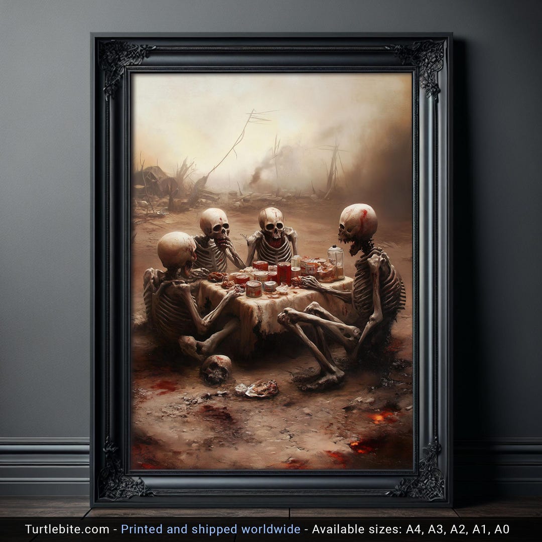 Macabre Wall Art for Living Room, Skeletal Cozy Apocalypse Picnic