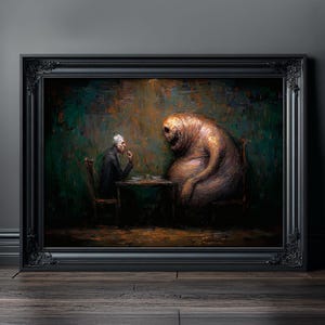Surreal Creature Dinner Scene Poster, Dark Art Painting Print, Gothic Monster Wall Art, Horror Fantasy Home Decor, Macabre Wall Hanging