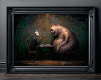Surreal Creature Dinner Scene Poster, Dark Art Painting Print, Gothic Monster Wall Art, Horror Fantasy Home Decor, Macabre Wall Hanging