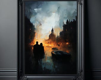 Impressão artística apocalíptica, arte de parede gótica de cidade em chamas, pôster surrealista sombrio, pintura melancólica, decoração distópica, impressão barroca de catedral em chamas