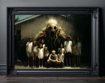 Plakat z przerażającą rodziną w horrorze – przerażający, surrealistyczny potwór – mroczna dekoracja ścienna w stylu gotyckim – makabryczne, niepokojące dzieło sztuki – niesamowita estetyka domu