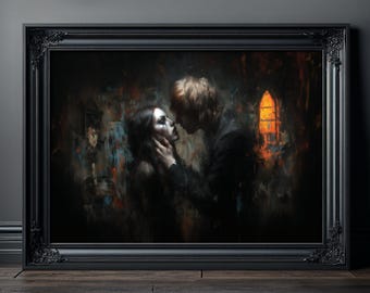 Cuadro de una pareja besándose en un romance oscuro, lámina artística gótica, póster decorativo de ambiente melancólico, lámina victoriana de amantes misteriosos