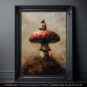 Mystical Little Druid sitting on Mushroom Painting, Cottagecore Dark Art Print, Dark Art Painting, Dark Romantic Art image 1