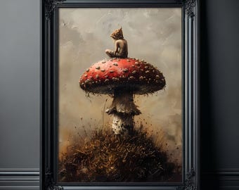 Mystical Little Druid sitting on Mushroom Painting, Cottagecore Dark Art Print, Dark Art Painting, Dark Romantic Art