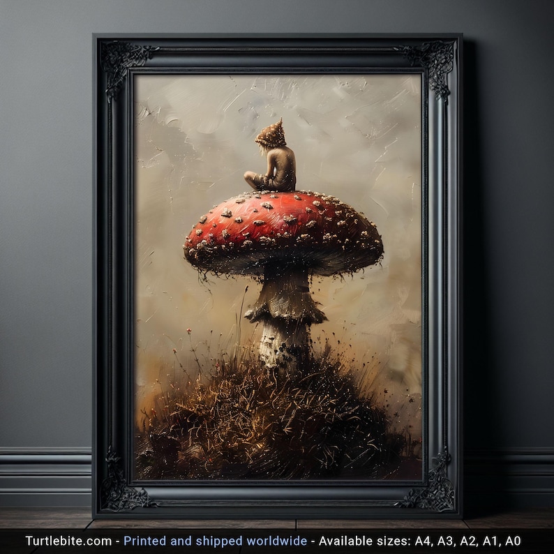 Mystical Little Druid sitting on Mushroom Painting, Cottagecore Dark Art Print, Dark Art Painting, Dark Romantic Art image 1