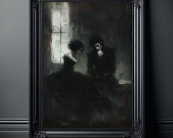 Arte de parede de casal em clima de romance sombrio, impressão de arte gótica, pôster de pintura melancólica e sombria, figuras sombrias e atmosféricas, amantes góticos.