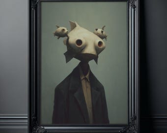 Surrealistyczny wydruk artystyczny – mroczny, kapryśny portret mężczyzny z głową ryby, gotycki plakat ścienny, dziwna, makabryczna dekoracja domu, osobliwe dzieło sztuki