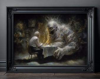 Impressão artística "Demônio Interior" - Pôster sombrio e surreal de monstro, arte de parede gótica e psicológica, pintura de criatura para decoração alternativa de casa.