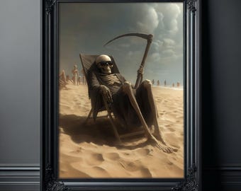 Magere Hein op vakantie schilderij print, kunst aan de muur donker skelet, poster humeurige schedel, spookachtig decor
