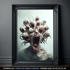 Fierce Multi-Headed Monster Horror Poster Print - Creepy Dark Art Poster - Fantasy Witchy Gift - Extra Large Surreal Gory Wall Art image 1