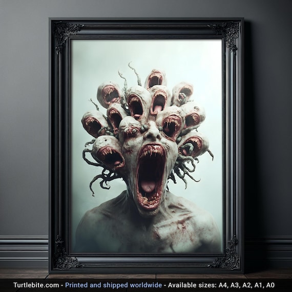 Fierce Multi-Headed Monster Horror Poster Print - Creepy Dark Art Poster - Fantasy Witchy Gift - Extra Large Surreal Gory Wall Art