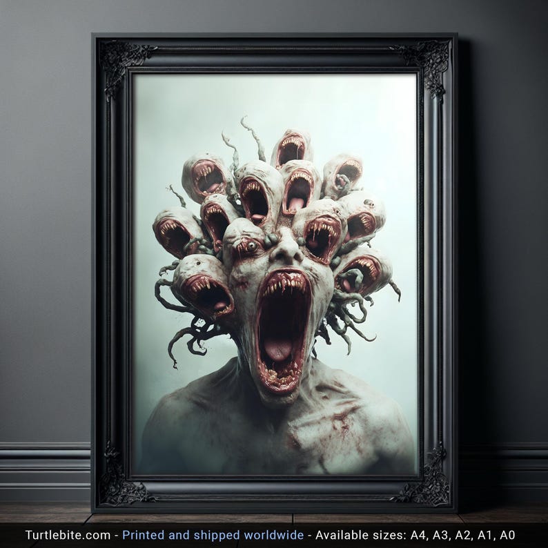Fierce Multi-Headed Monster Horror Poster Print - Creepy Dark Art Poster - Fantasy Witchy Gift - Extra Large Surreal Gory Wall Art image 1