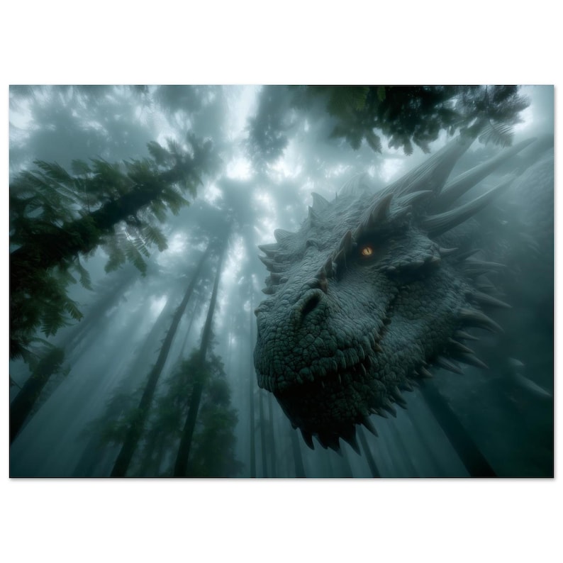 Dramatic dragon portrait in foggy forest landscape dark fantasy wall poster