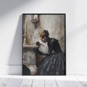 Arte murale inquietante di donna ragno gotica, stampa di conversazione mistica con un ragno, Dark Academia, insolita opera d'arte horror, gotico romantico