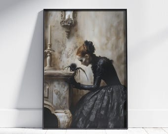 Arte de parede sinistra de uma mulher-aranha gótica, impressão de uma conversa mística com uma aranha, estilo Dark Academia, obra de arte de terror incomum, gótico romântico.