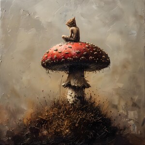 May include: A small figure wearing a pointed hat sits on top of a large red and white mushroom. The mushroom is surrounded by brown grass and the background is a muted gray.