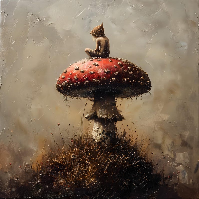 May include: A small figure wearing a pointed hat sits on top of a large red and white mushroom. The mushroom is surrounded by brown grass and the background is a muted gray.