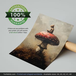 May include: A small, brown figure sits on top of a red and white mushroom with white spots. The mushroom is in a field of green grass. The background is a blurry, light blue sky.