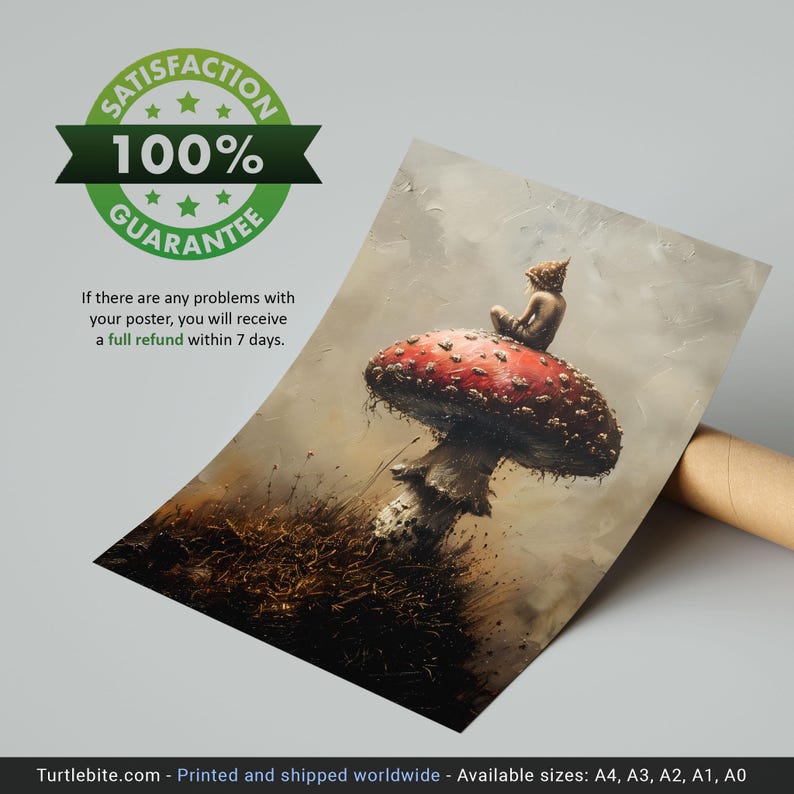 May include: A small, brown figure sits on top of a red and white mushroom with white spots. The mushroom is in a field of green grass. The background is a blurry, light blue sky.