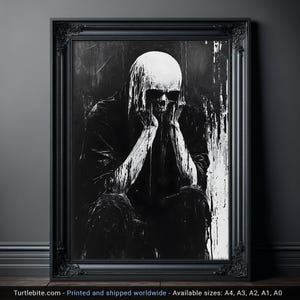 Póster analógico de criatura calavera de terror - Pintura de arte mural oscura en blanco y negro - Impresión vintage de esqueleto en la oscuridad espeluznante imagen 1