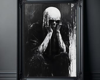 Analog Horror Skull Creature Poster - Black and White Dark Wall Art Painting - Spooky Darkness Skeleton Vintage Print