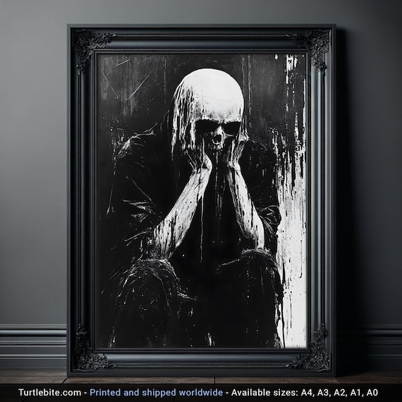 スケルトン ホラーアート Analog Horror Skull Creature Poster - Black and White Dark Wall