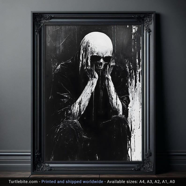 Póster analógico de criatura calavera de terror - Pintura de arte mural oscura en blanco y negro - Impresión vintage de esqueleto en la oscuridad espeluznante imagen 1
