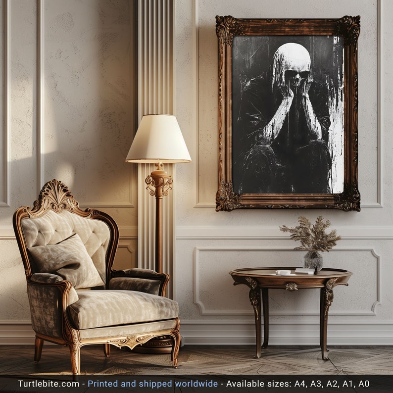 Póster analógico de criatura calavera de terror - Pintura de arte mural oscura en blanco y negro - Impresión vintage de esqueleto en la oscuridad espeluznante imagen 3