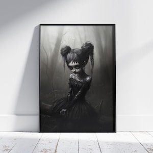 Creepy Cute Gothic Girl in Forest Poster Print, Creepy Cute Wall Art, Art Prints Spooky, Alternative Home Decor, Halloween Gift for her